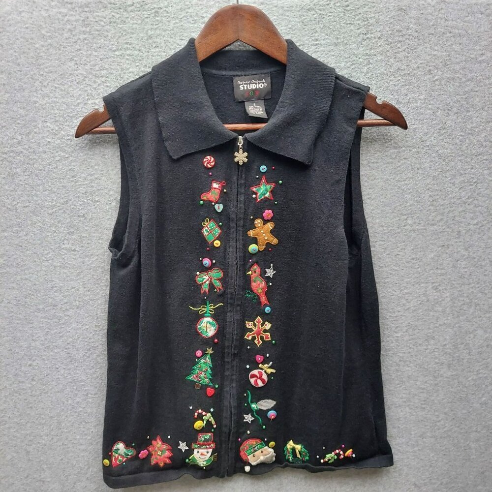 Vintage Designer Originals Studio Joy Christmas Sweater Vest S Black 55% Ramie 4